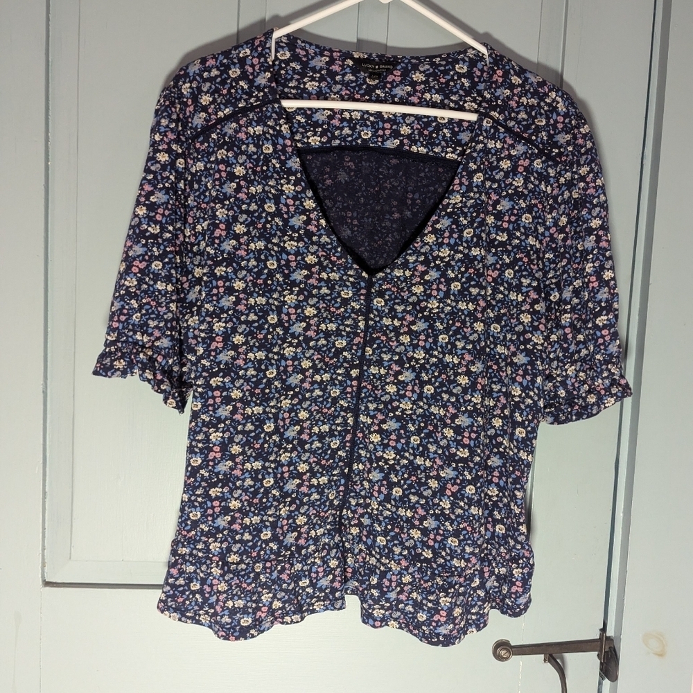 🩷 Lucky Brand Prairie Core L top Floral ruffles blue pink Festival blouse